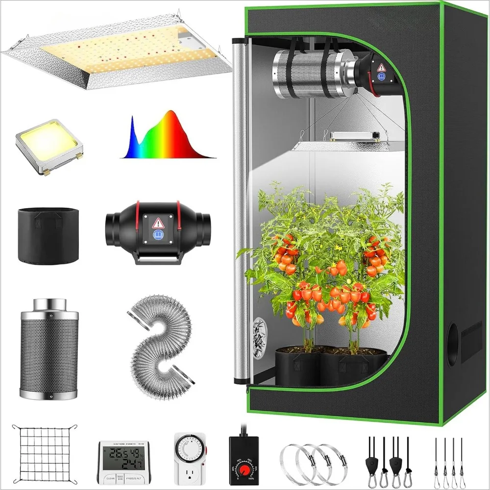 Grow Tent Kit Complete System LED Grow Light Dimmable Full Spectrum Indoor Grow Tent Kit with 4 Inch Ventilation Kit