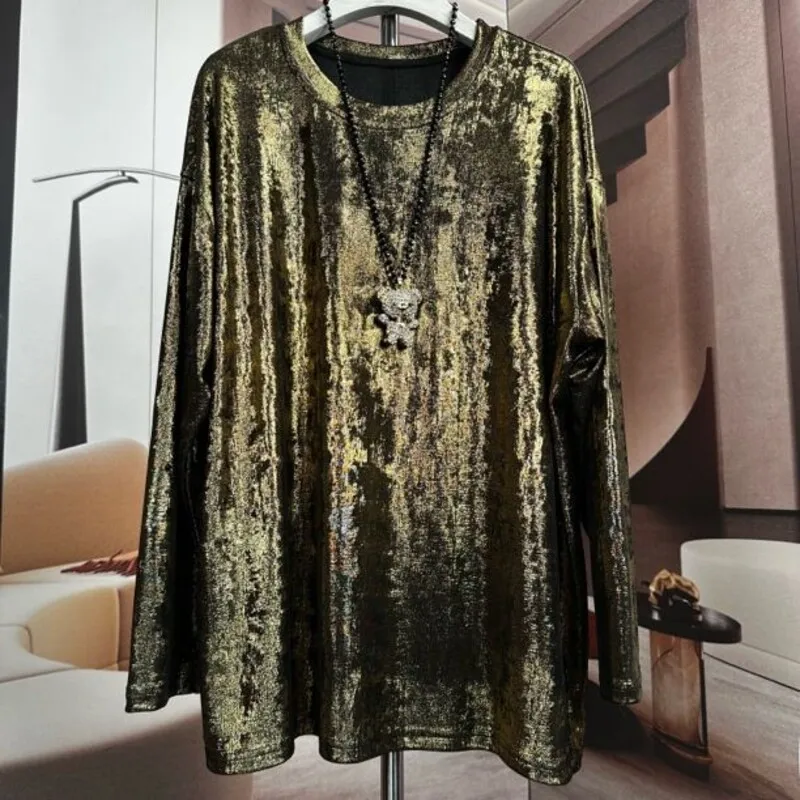 

40-130kg Sequin glitter o neck over size pullover Women long sleeve shiny top shirt female