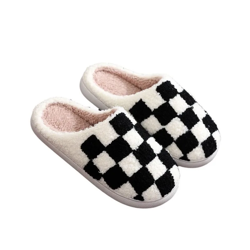 Checkered Cotton Slippers 2024 Women Winter Floor Plush Slippers Home Anti Slip Flat Bottom Comfort Soft Bottom Cotton Slippers