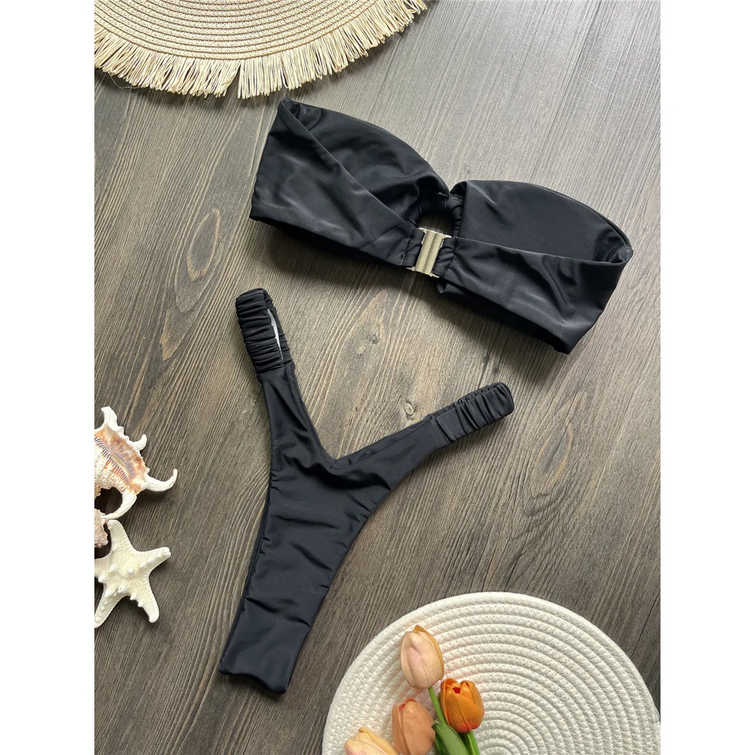 Gefalteter Bandeau-Bikini mit hohem Beinausschnitt, Mini-Tanga, Damen-Badeanzug, zweiteiliges Bikini-Set, Badebekleidung, Badeanzug, Schwimmbekleidung V6085 – Detail 23