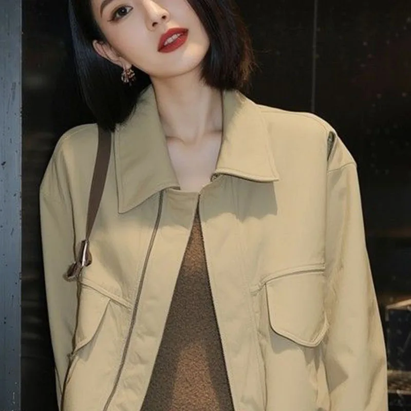 

Весенне-осенняя куртка: Новые женские пальто в стиле «маленький аромат», элегантная повседневная универсальная верхняя одежда на молнии, цвет хаки