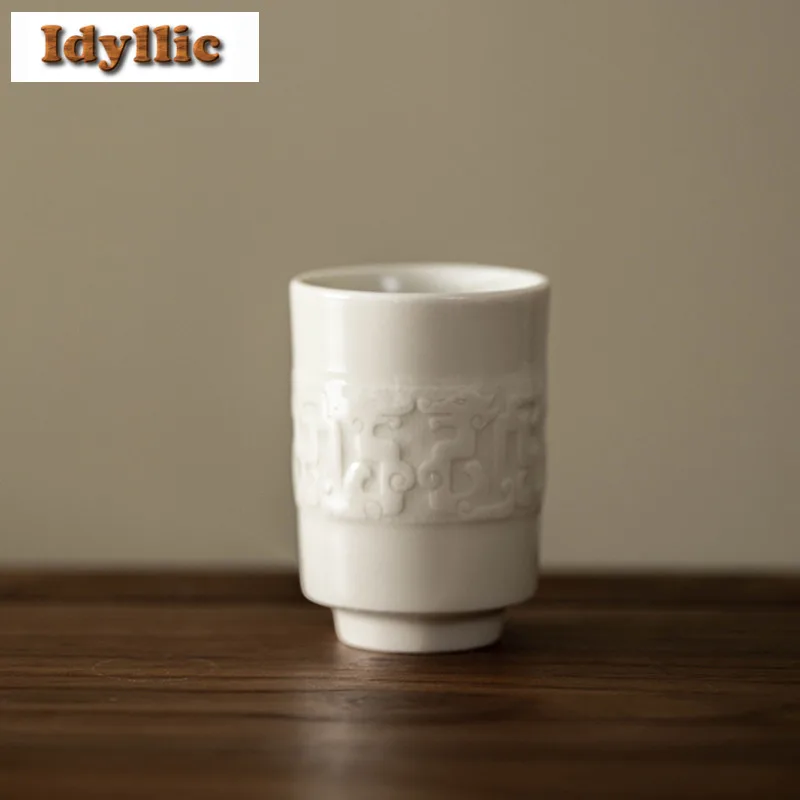 

2pc/lot Ding Kiln Relief Dragon Pattern Teacup Boutique Tea Bowl Cup For Tea Tea-tasting Fragrance Cup Chazhan Master Cups 30ml