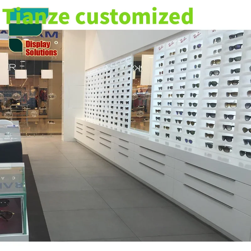 

Customized glasses display showcase sunglasses kiosk optical display stand glass wall display optical shop counter design