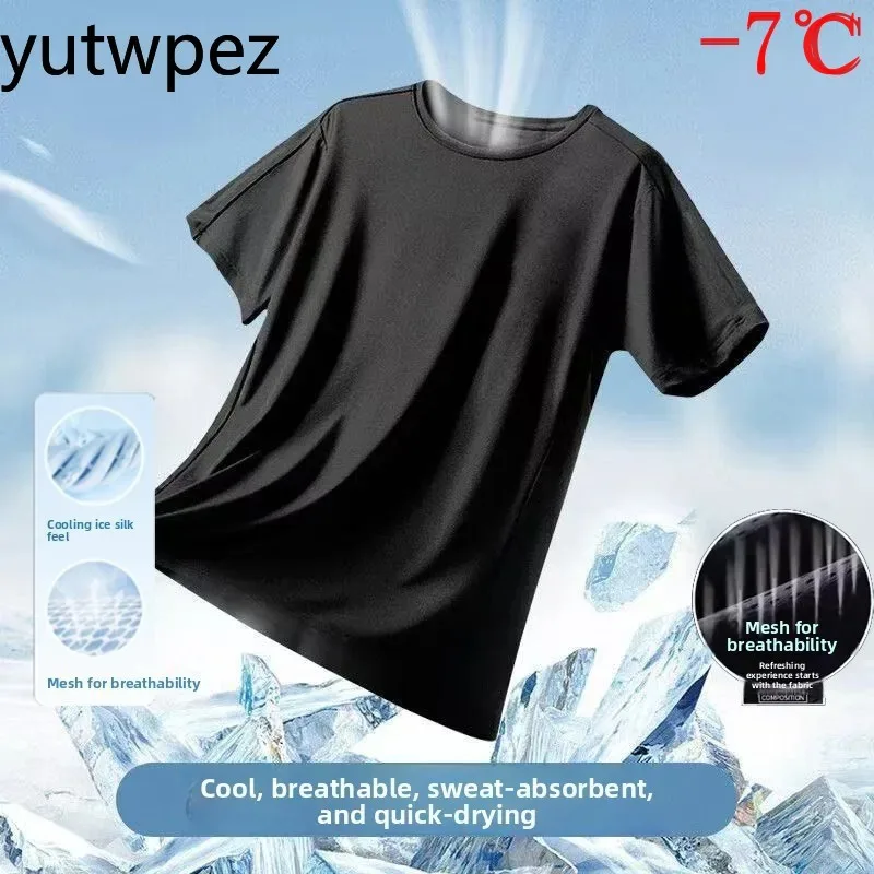 Summer Ice Silk Men T Shirt Short Sleeve Round Neck Breathable Thin Sport Running Quick Drying Tees Soft Elasticity Outdoor 5XL