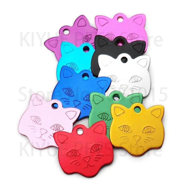 20Pcs Customized Engraved Dog Aluminum ID Tag Personalized Cat Face Shape Print Pet Name Plate Puppy Lable Phone No.