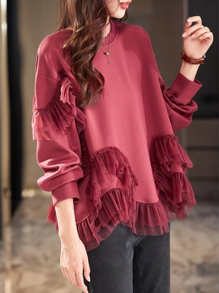 

Burgundy Mesh Female Pullover Top Y2k Japanese Streetwear Harajuku Fashion Kpop 2000s 2025 Trend Style Sport Women's Sweatshirts