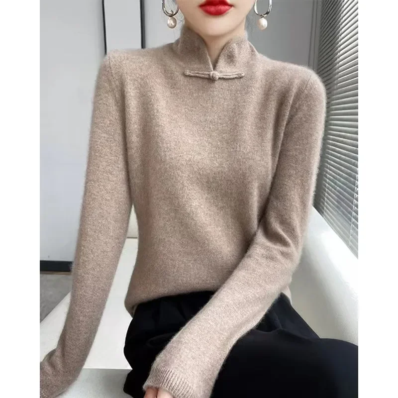 Autumn New Solid Wool Sweater Women Versatile Buckle Button Stand Collar Knit Pullover Slim Cashmere Knitwear