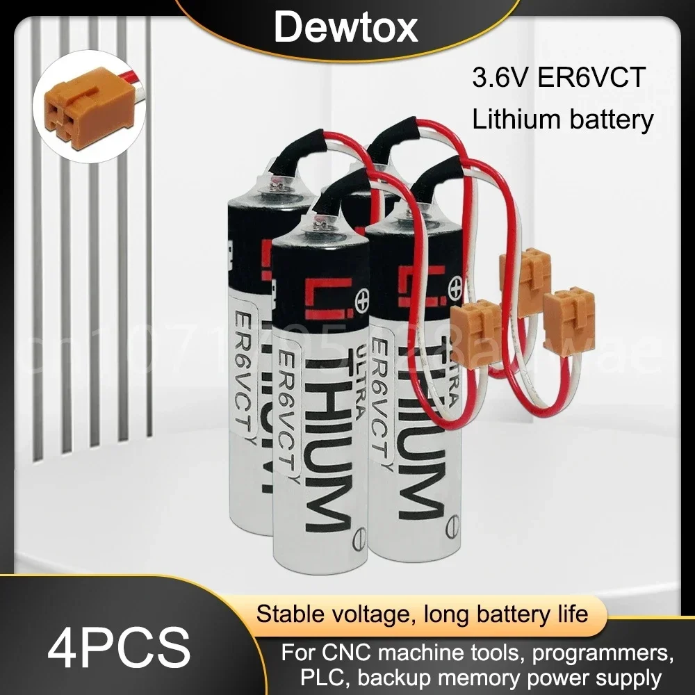4PCS AA 2000mA 3.6V ER6VCT ER6V ER14500 PLC CNC Lithium Battery With Brown Plugs Connectors