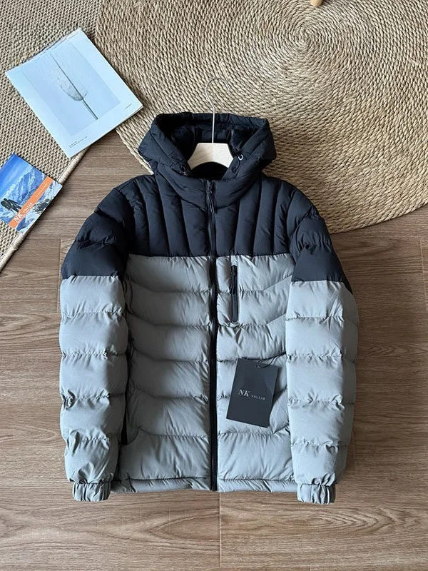 

Men's Outdoor Hooded Cotton Jaet Warm Splicing Thiened Polyester Fiber Long Sve Zipper Closure Regular Length Coat