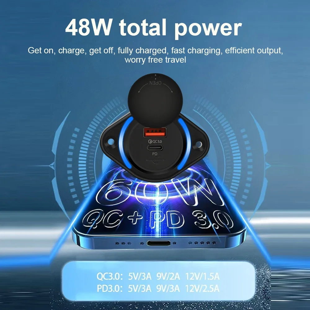 PD QC 3.0 مقبس شاحن سريع للسيارة 12 فولت/24 فولت مقاوم للماء مع USB منزلق Type-C 48 واط محول شحن سريع مخرج طاقة لقارب الحافلة