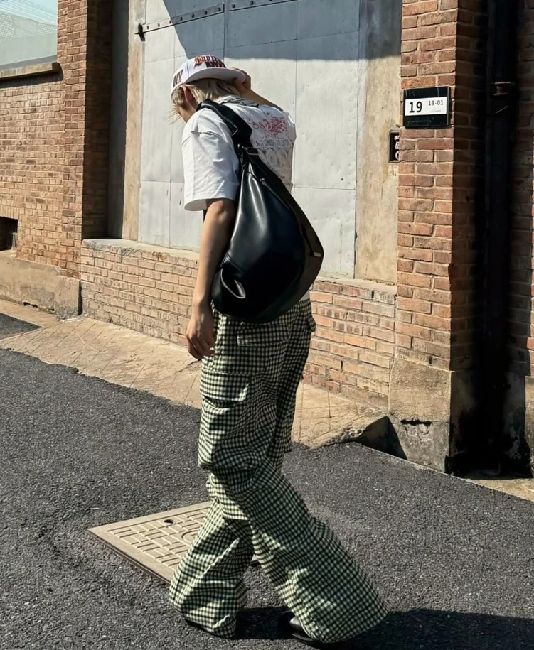 Green Plaid Street Pocket Cargo Pants Unisex Spring Summer High-end Loose Long Pants Casual Trousers Big Pocket