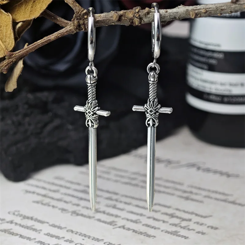 Gothic Vintage Dagger Earings For Women Men Fashion Cool Punk Rock Party Jewelry Accessories Gift Fantasy Cross Sword Ear Hooks