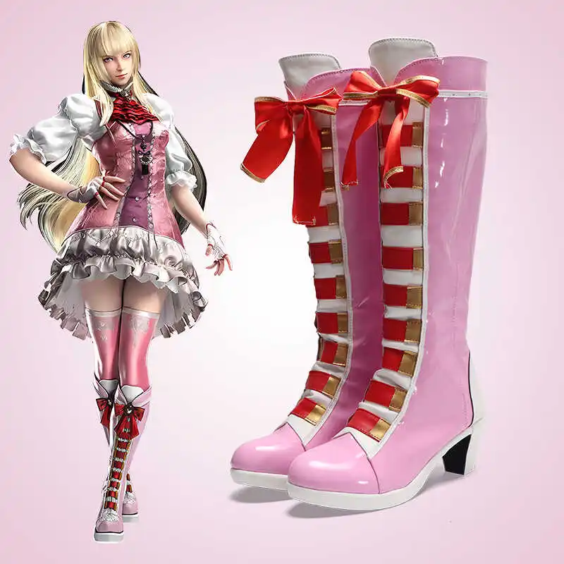 Game Tekken 8 Lili Cosplay Shoes Boots Pink Long PU Leather For Halloween Christmas Carnival Party Role Play Props For Women Men