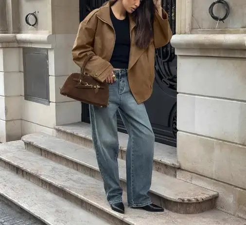 Autumn and Winter 2025 New Brown Loose Retro Fashion Casual Jacket for Women,flip Collar Fashion High Street Zipper Loose Jacket