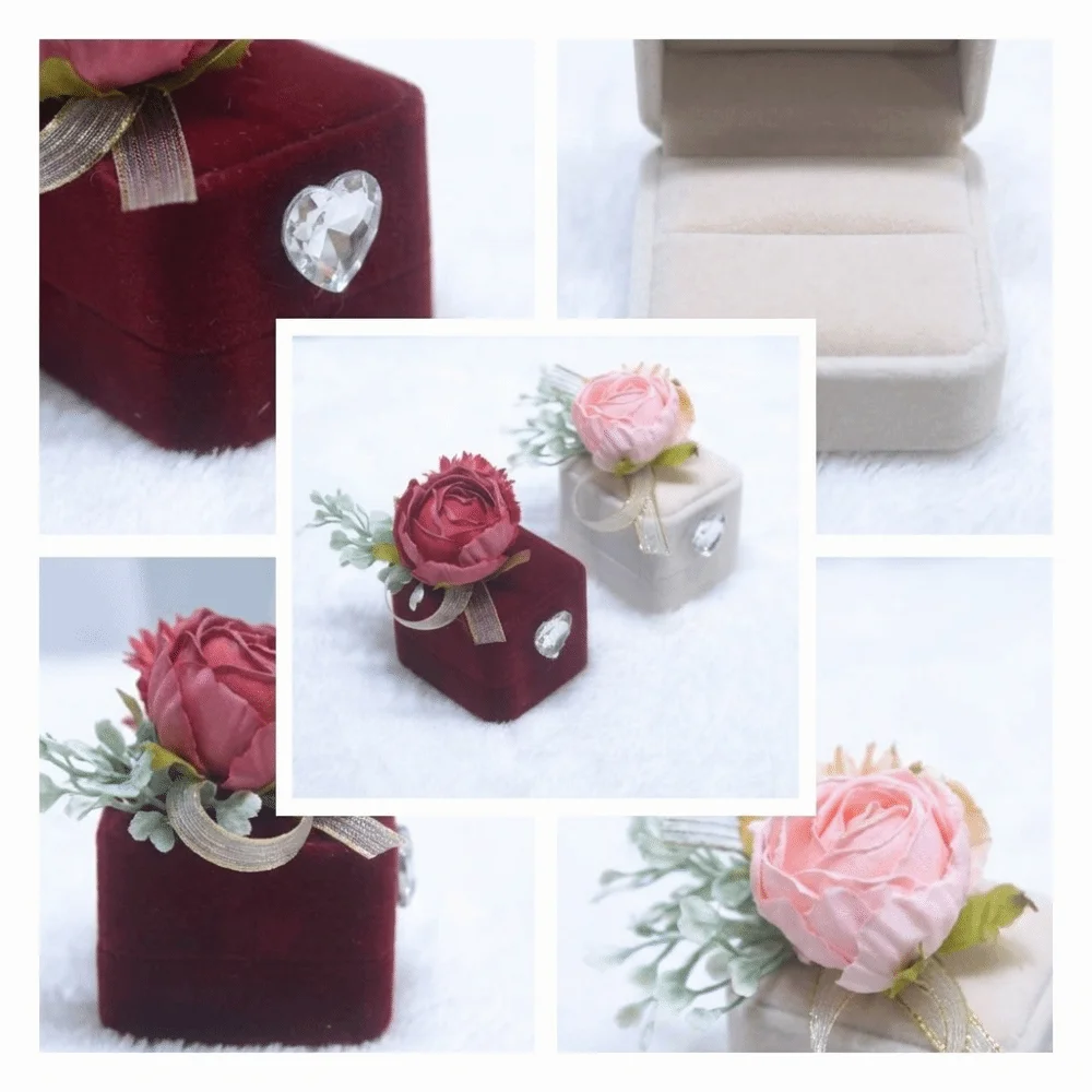 Heart Shaped Wedding Ring Box Shiny Rhinestone Artificial Flower Jewelry Display Case Lightweight Compact Structure Ring Box