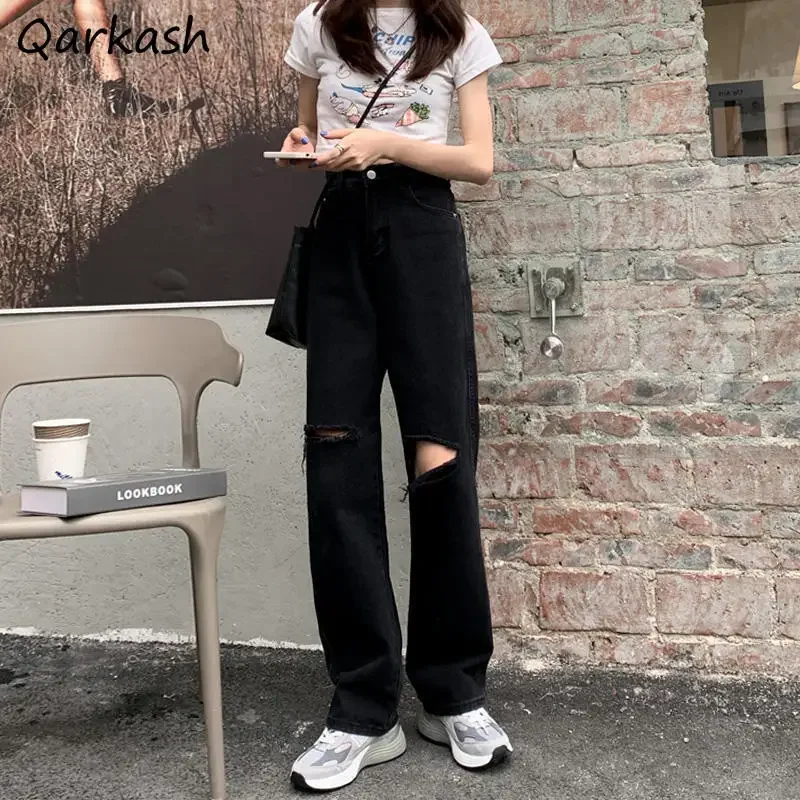 Hole Jeans Women High Waisted Feminino Leisure Solid Harajuku College Basic Chic Loose Straight Minimalist Retro Design Autumn