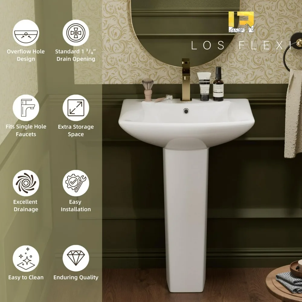 Modern ‎‎‎Rectangular Sytle Pedestal Sink for Tiny Bathrooms, L Pedestal Sink Combo with Overflow and 1 Pre-Drilled Faucet Hole