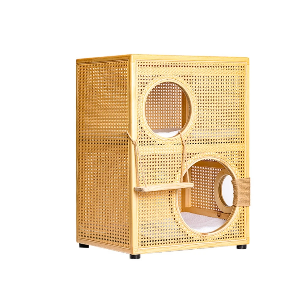 High Quality PVC Rattan Woven Semi-Enclosed Cat Bed Stylish Double-Layer Pet-Safe Scratch-Resistant Easy Clean Space-Saving Wood