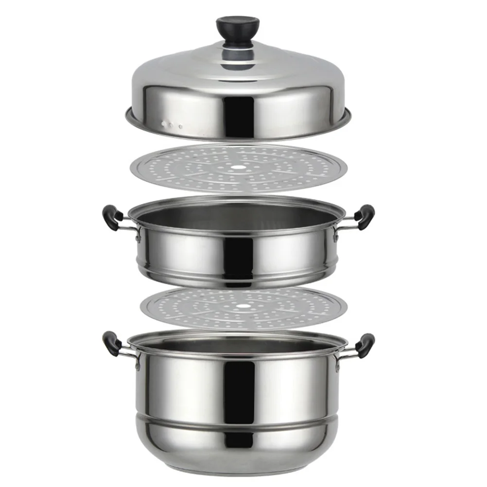 

Three Layer Steamer Stainless Steel Soup Steam Multifunction Cooking Pot Double Bottom 28Cm Food Grade Steaming Pot