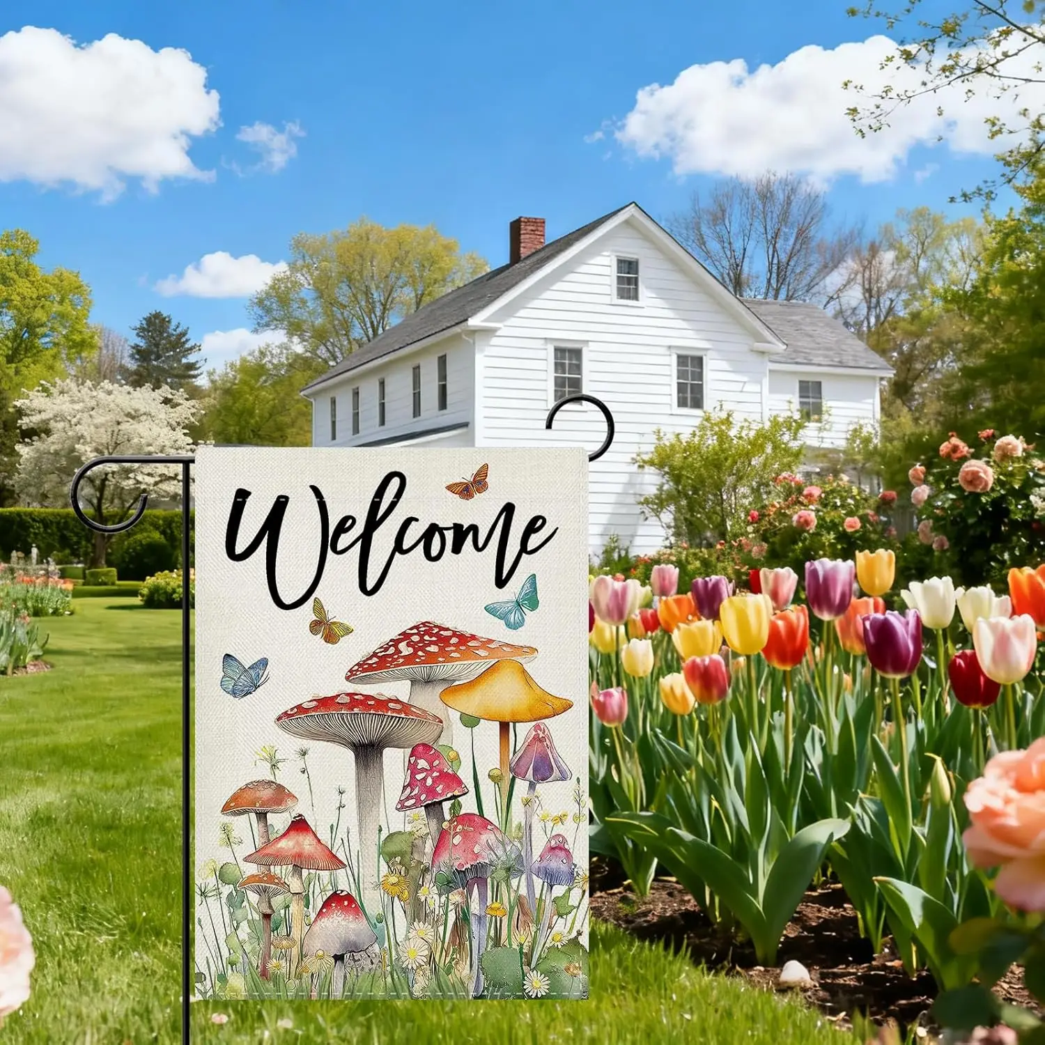 Dyrenson Welcome Spring Summer Mushroom Decorative Garden Flag, Watercolor Fairy Tale Forest Floral Butterfly Yard Outside H WWP