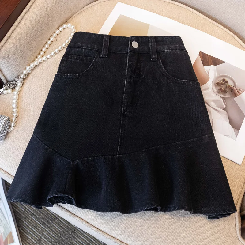 Taille haute S4XL jupe en jean pour femme décontractée dames Denim Dr Street Sle Patchwork ket Design ourlet à volants a-ligne ort S...