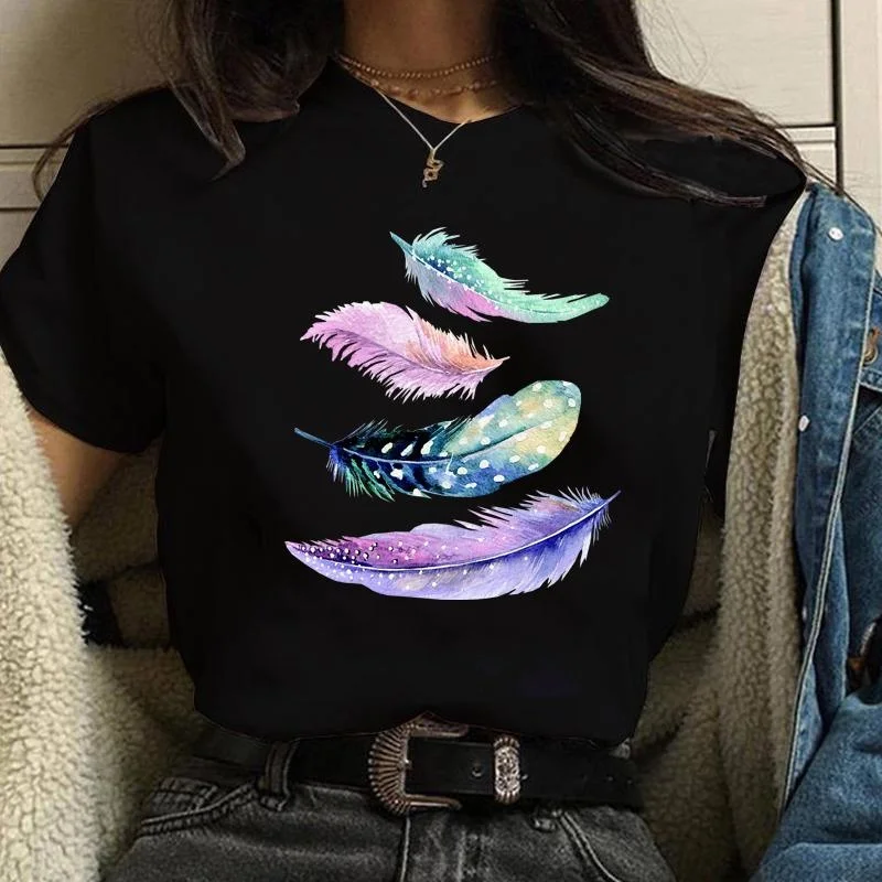 New Fashion Funny Feather Printed T-Shirt Women's Personalized Casual Feather Harajuku T-Shirt Shirt