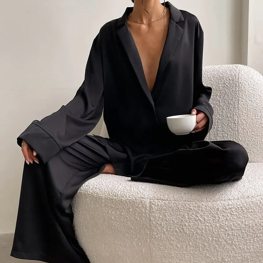 Women Silk Pajamas Lce Silk Loose Low Cut Sexy Single Breasted Long Sleeved Wide Leg Pants Can Be Worn Externally