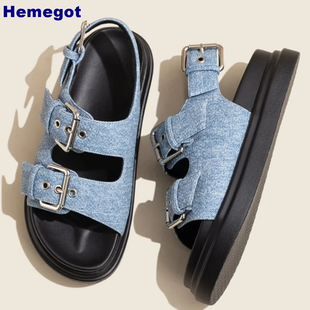 Platforma Denim Belt Buckle Sandal 2024 Summer Open Toe Flat Outdoor Casual Sports Roman Sandals Fashion Women Back Strap Sandals