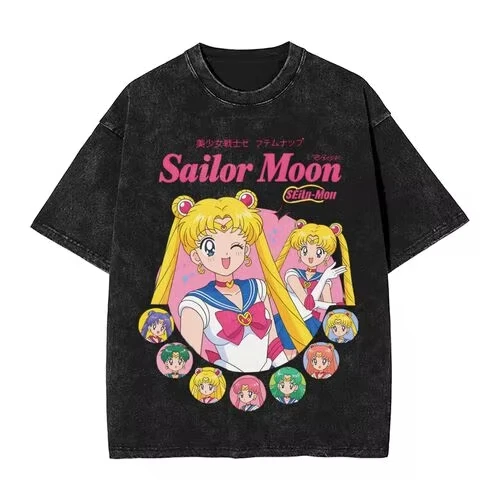 Anime Sailor Moon Grafik bedrucktes T-Shirt aus gewaschener Baumwolle, Unisex, Streetwear, übergroß, Vintage, gewaschen, kurze Ärmel