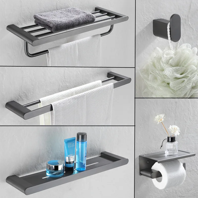 

Brushed Gun Grey Solid 304 Stainless Steel Bathroom Hardware Set Towel Shelf Paper Holder Hook Towel Bar Bathroom Accessories