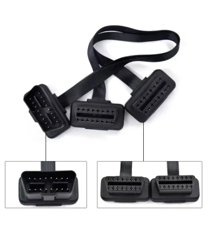 Flat+thin 16 Pin OBD 2 Extender ELM327 Male To Female Y-shaped Splitter Elbow OBDII Extension Connector Cable 30/60/100cm