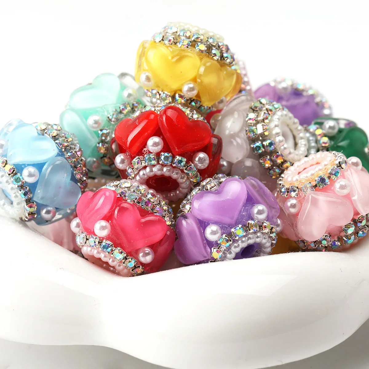 Perles acryliques en forme de double cœur, couleur aléatoire, 20x16mm, avec strass et perles, pour la fabrication de stylos et de bijoux DIY, 4 ou 8 pièces