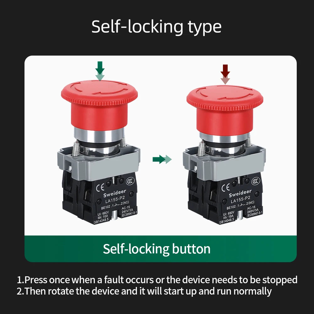 22Mm Paddestoel Noodstop Schakelaar XB2-BS542 BS442 BS642 BS142 10A Sleutel Noodstop Knop Schakelaar Starter Switch