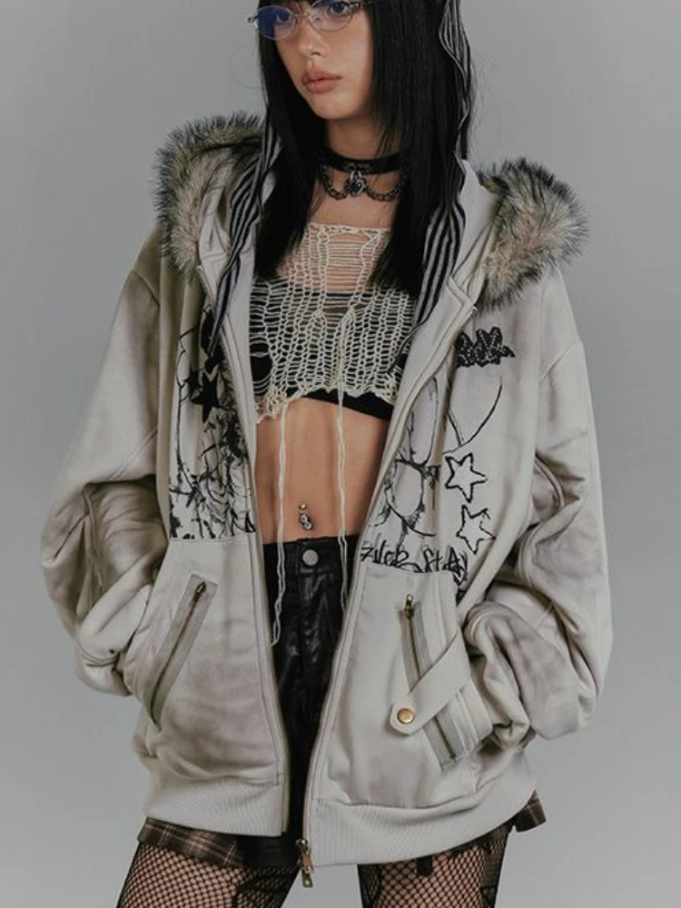Y2KAmerican Retro Print Fur Hooded Sweatshirt Women Vintage Gray Rabbit Ears Tops Jacket Harajuku Punk Fashion Streetwear Autumn