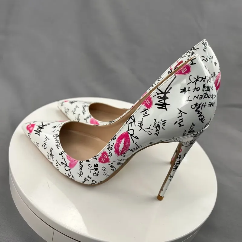 Veowalk White Artistic Graffiti Print Women Sexy Pointed Toe High Heel Shoes Slip on Stiletto Party Dress Shoes Plus Size 33-46