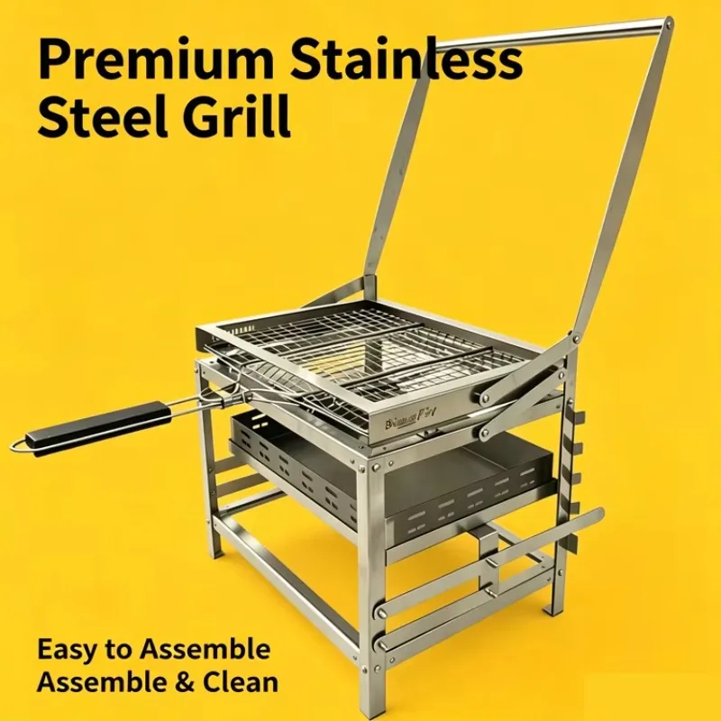 2026 New Home Barbecue Grill Flip Stainless Steel Barbecue Table Outdoor Adjustable Height Camping Barbecue Grill