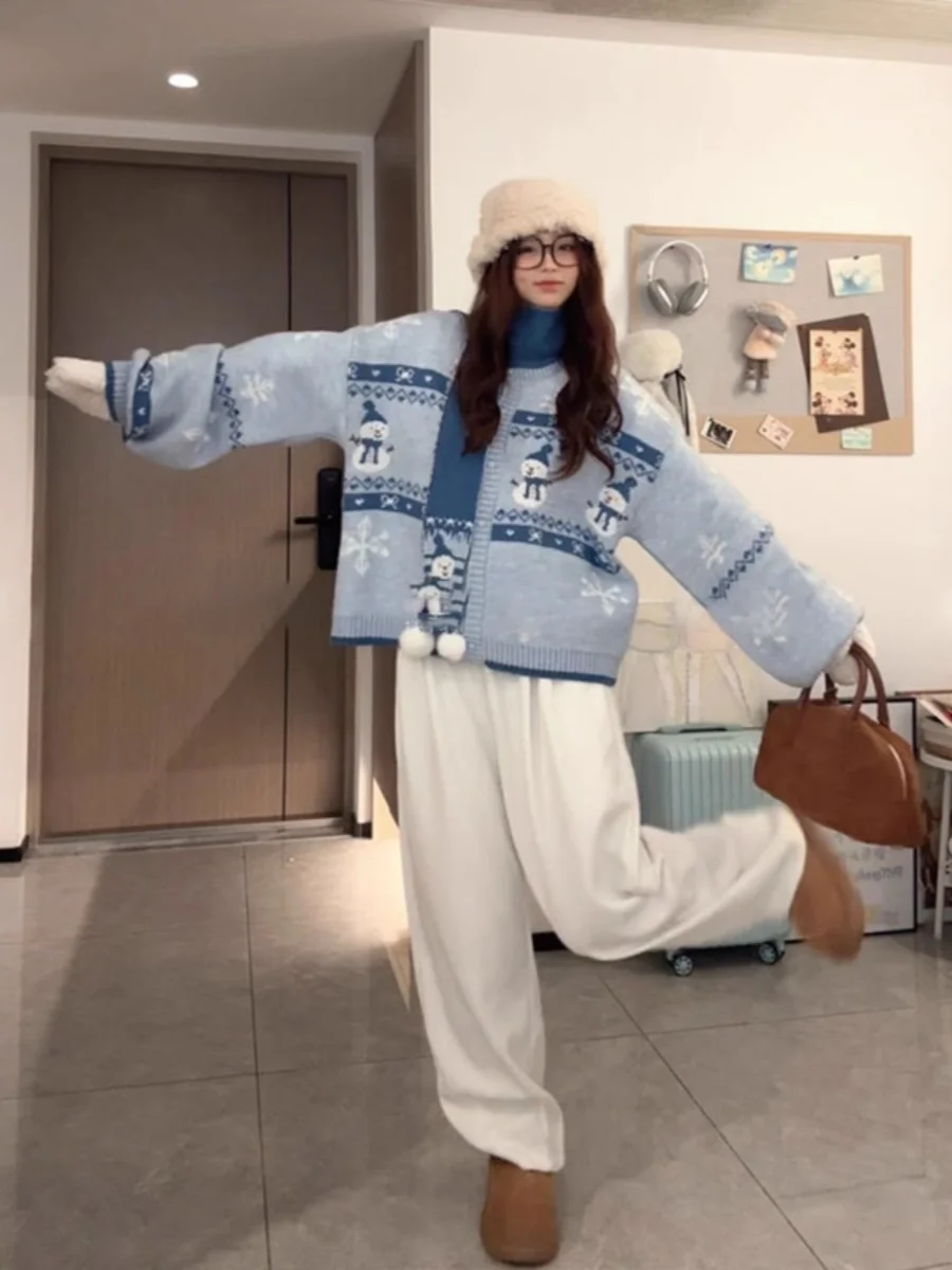 Maglione cardigan aperto lavorato a maglia blu da donna Thiened Lazy Sle Autunno Inverno Nuovo arrivo Fier Island Pupazzo di neve Faion Capispalla