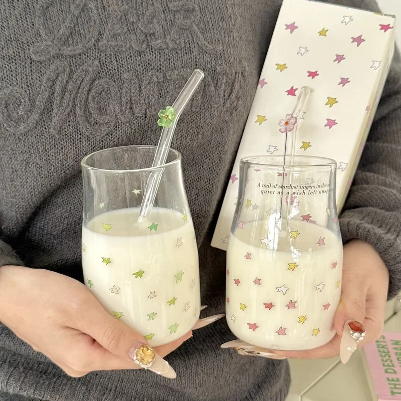 Heat Resistant High Borosilicate Glass Straw Cup  Star Design Water Cup with Straw Aesthetic Value Ins Style Korean T...