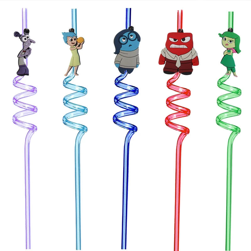 

5pcs/set Disney Inside Out2 Reusable Plastic Drinking Straw Anime Figure Riley Anger Sadness for Kids Birthday Party Decorations