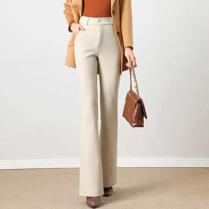 2025 outono nova cintura alta emagrecimento drapeado profissional micro-pull terno reto calças sino-bottom coreano