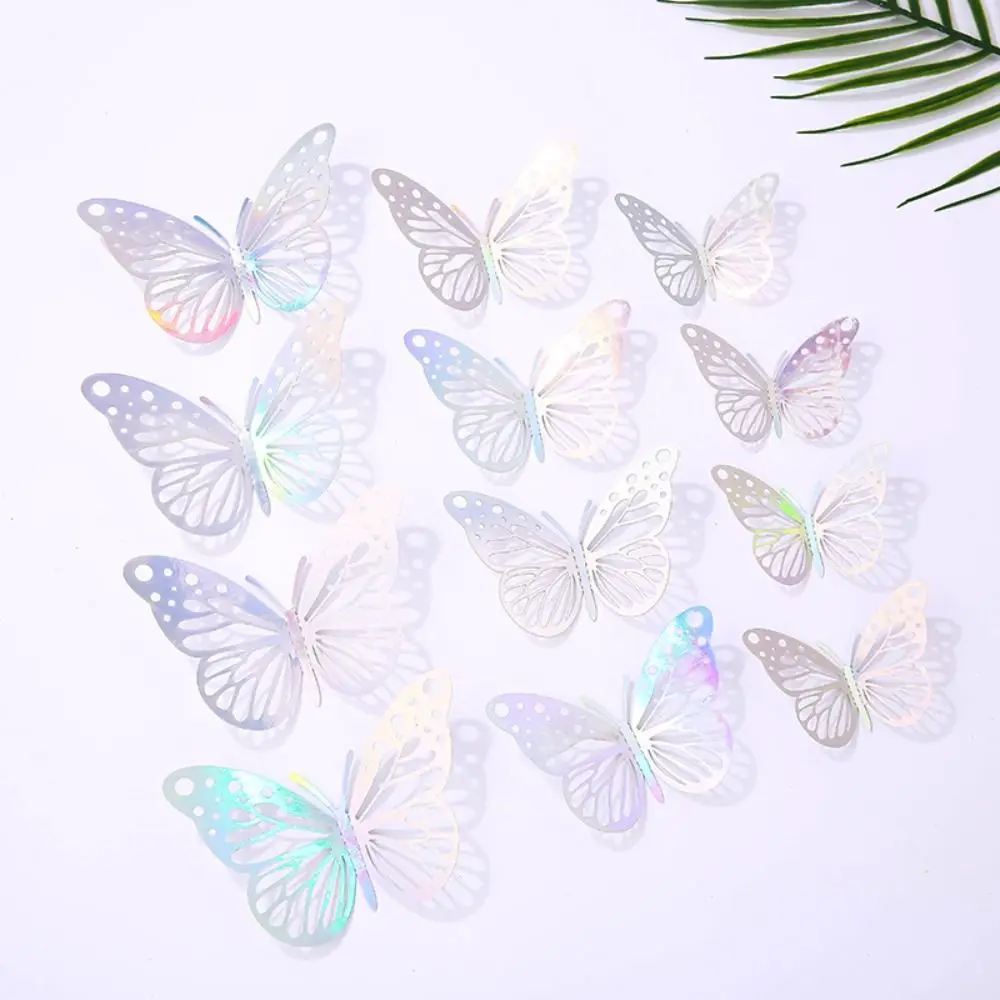 12Pcs/set Funny Cartoon Hollow Butterfly Sticker Easy Use DIY Simulation Butterfly Ornaments Cute 3D Butterfly Wall Holiday