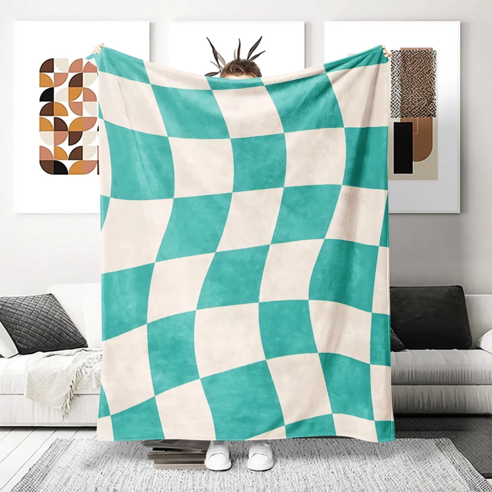 Teal White Warped Checker Flannel Blanket Perfect For Sofa Office Bed Travel Sleep Read Relax Camping Four Season Use