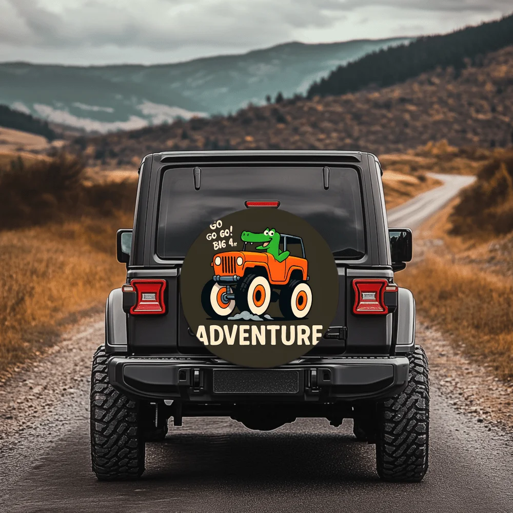 Fun Cartoon Crocodile Driving Off-Road Car Pattern Tire Cover | 30/34 Inch Multi-Functional Tire Cover, Suitable For Jeep, Trail