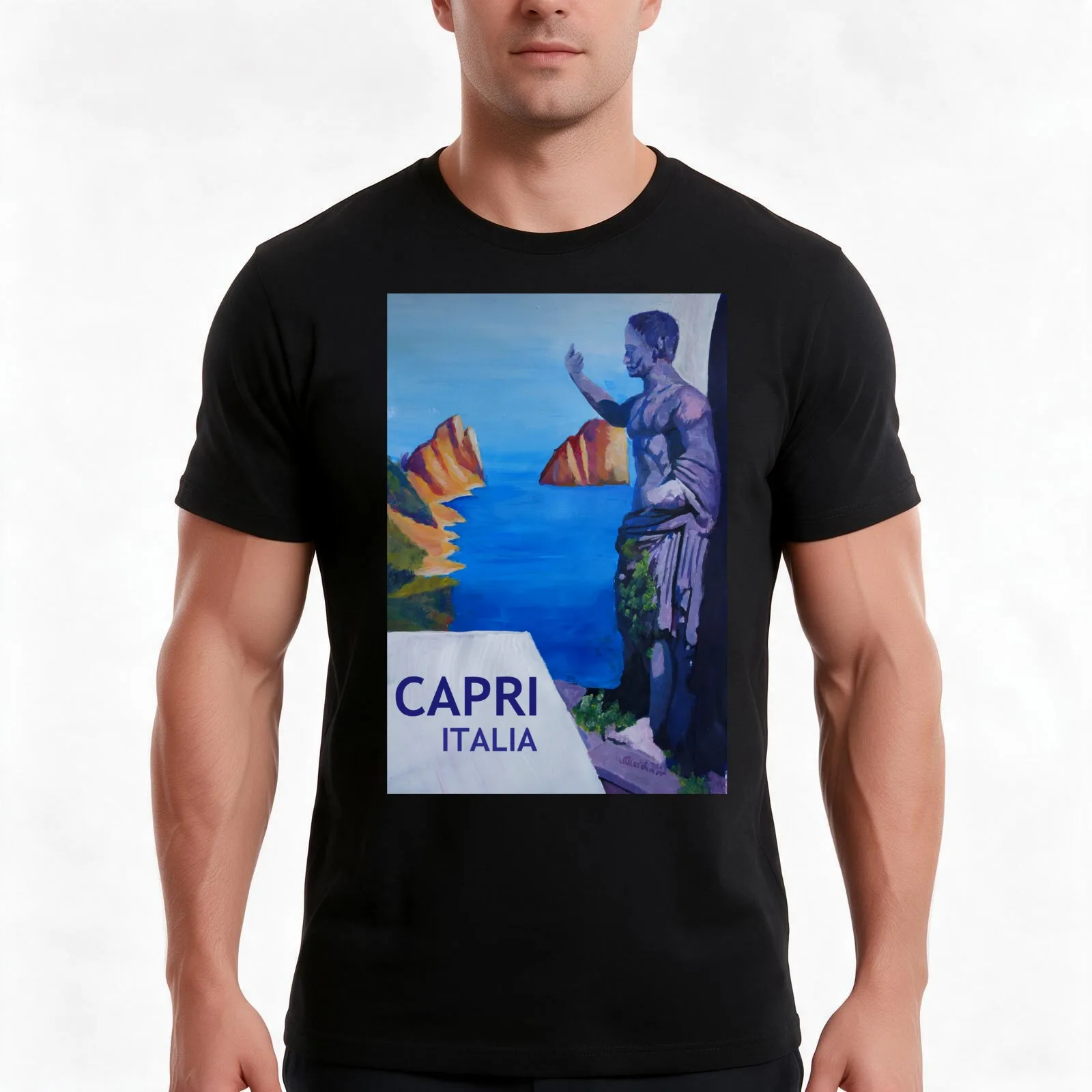 Capri mit Roman Empire Statue - Retro Poster T-Shirt, Summer Casual Cotton Tee, Oversized Streetwear Tops, Vintage Graphic Print