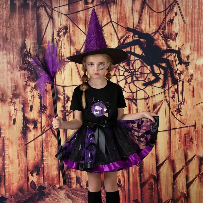 Halloween Kids Heks Kostuum Jurk Up Outfit Tutu Hoed Bezem Voor Kleine Meisjes Kinderen Verkleden Heks Kostuum Elastische Praktische Rekwisieten