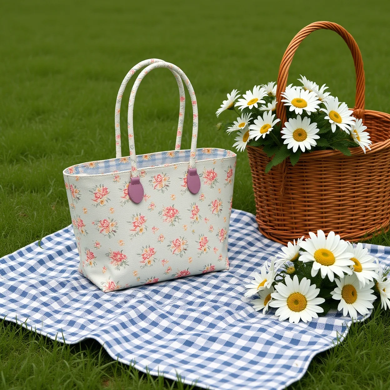 Single Handle Handbag Floral Large Capacity Shoulder Bag Casual Daily Handbag Check Nylon Shoulder Tote Bag For Daily Essentials
