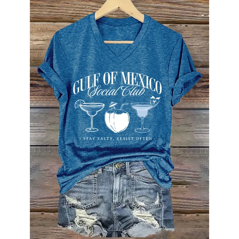 Women's Short Sleeved Gulf of Mexico Print T-Shirts Summer Holiday Casual V Neck Tops