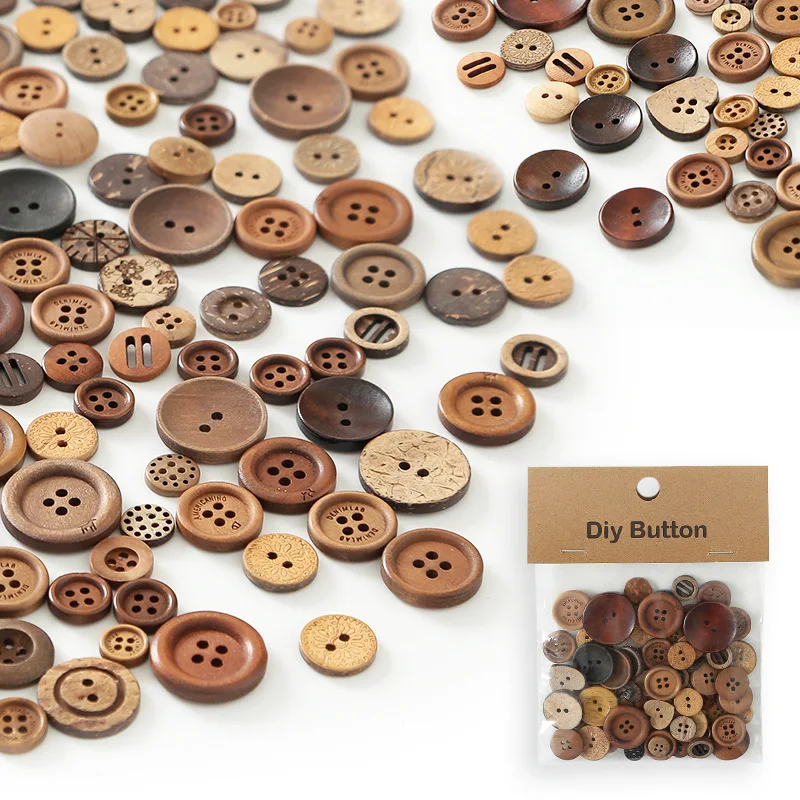 

0.9-3.5CM Large and Small Mixed Diy Handmade Buttons Natural Wood Color Wooden Coconut Buttons Retro Decorative Materials