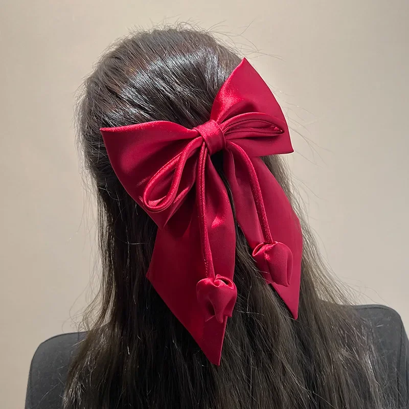 

Korean Hair Accessories High-end Satin Bow Pearl Clip Red Tulip Flower Spring Wedding Party Fashion