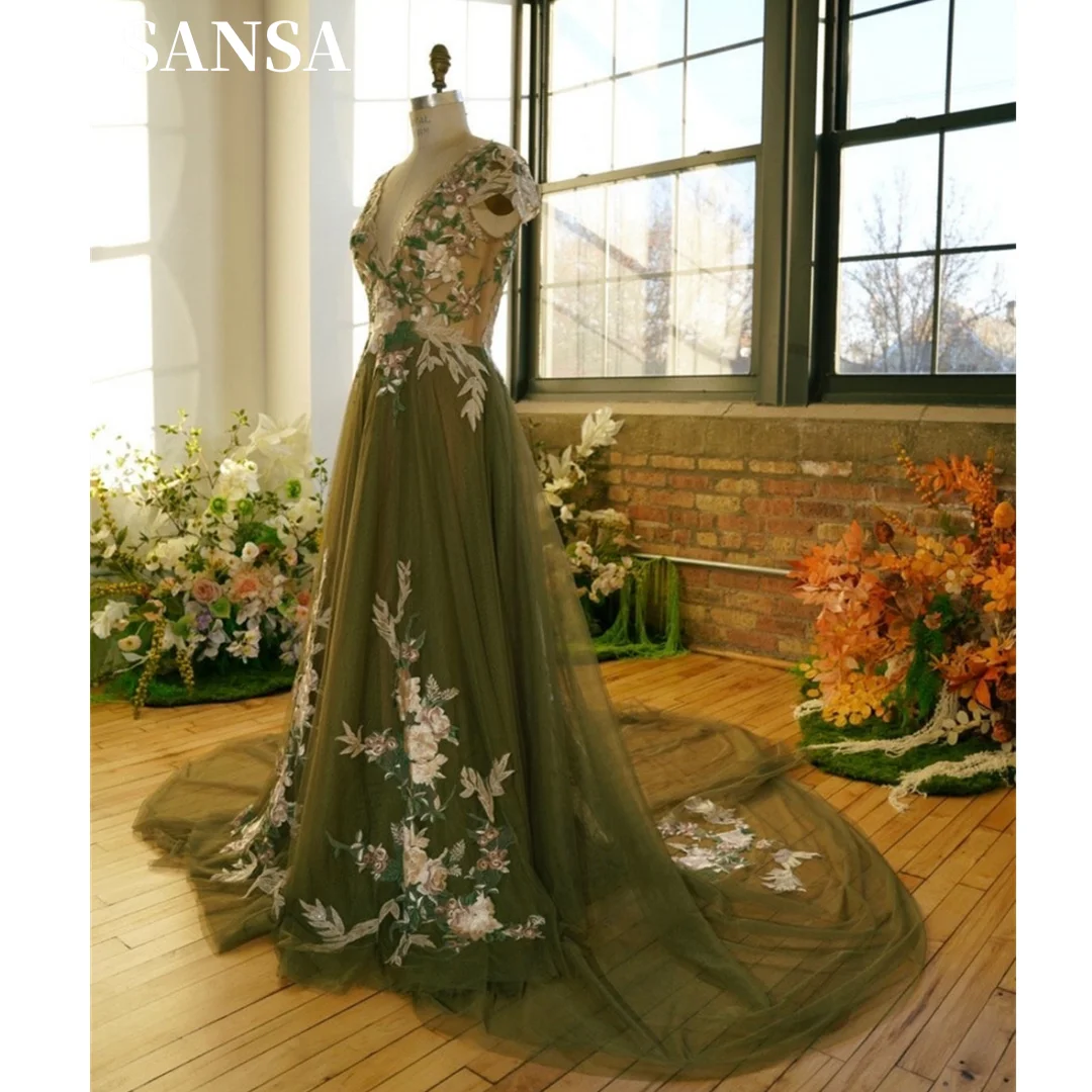 

Sansa Boho V-neck A-line Lace Embroid Prom Dress Princess Green Tulle Evening Dresses Sleeveless Vestidos De Fiesta فساتين سهرة